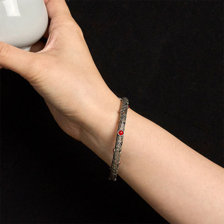 Vintage Tang Dynasty Flower Design Engraved Red Agate Copper Luck Bracelet Bangle - image 17