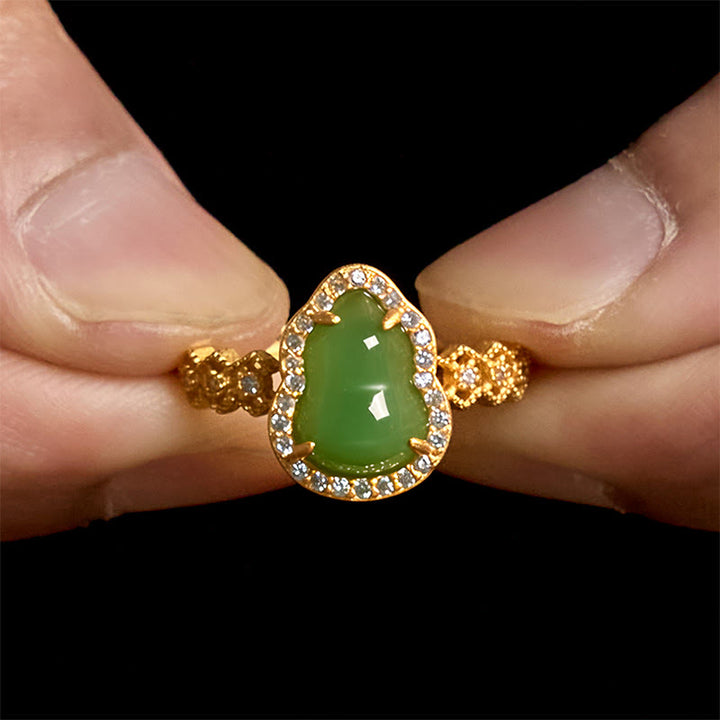 Buddha Stones Vintage Gourd Green Chalcedony Copper Plated Gold Adjustable Wealth Ring