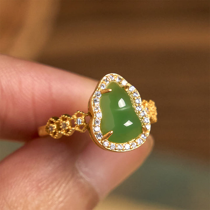 Buddha Stones Vintage Gourd Green Chalcedony Copper Plated Gold Adjustable Wealth Ring