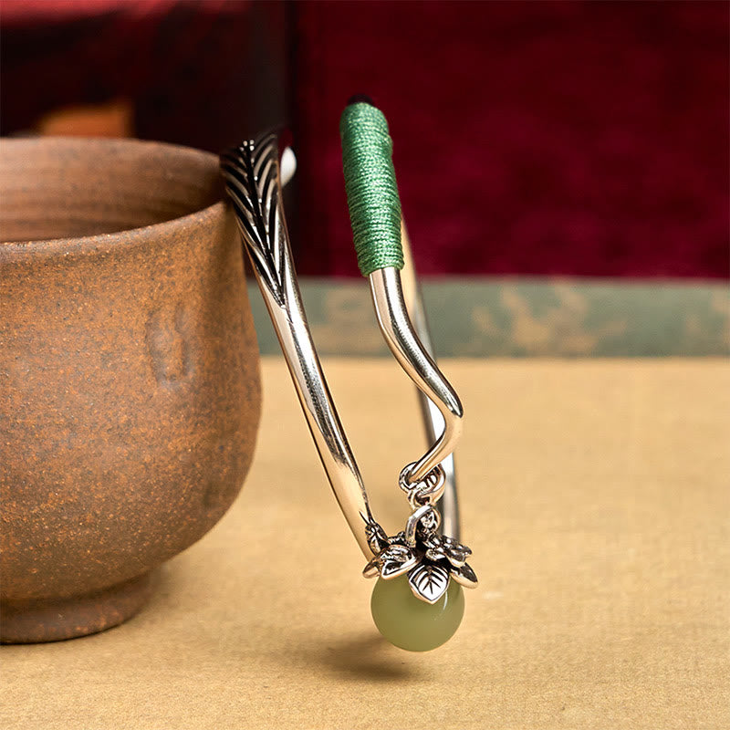 Buddha Stones Copper Alloy Green Bead Charm Luck Cuff Bracelet Bangle - image 5