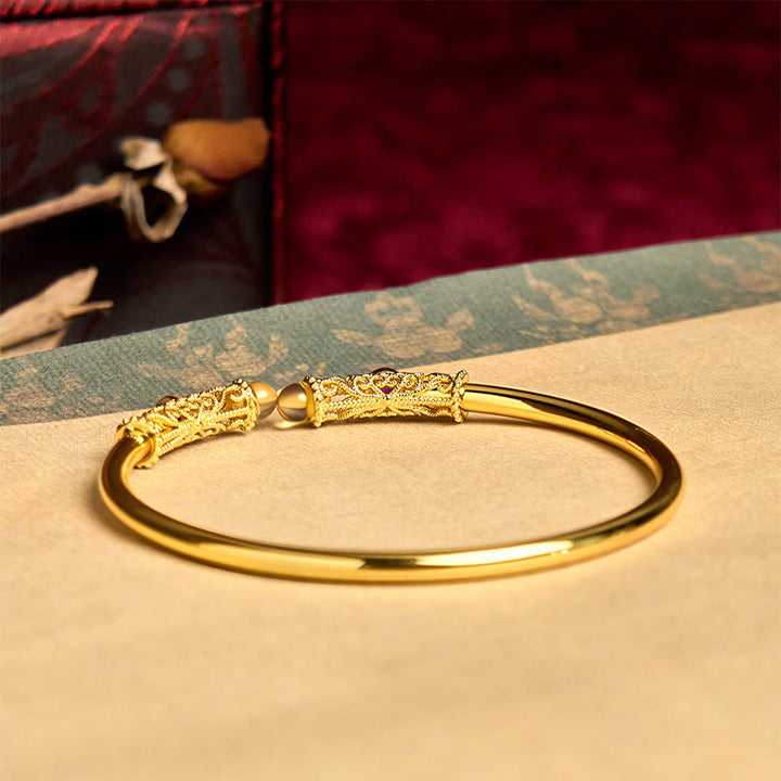 Buddha Stones Golden Flower Pattern Red Zircon Amber Copper Luck Cuff Bracelet Bangle - image 4
