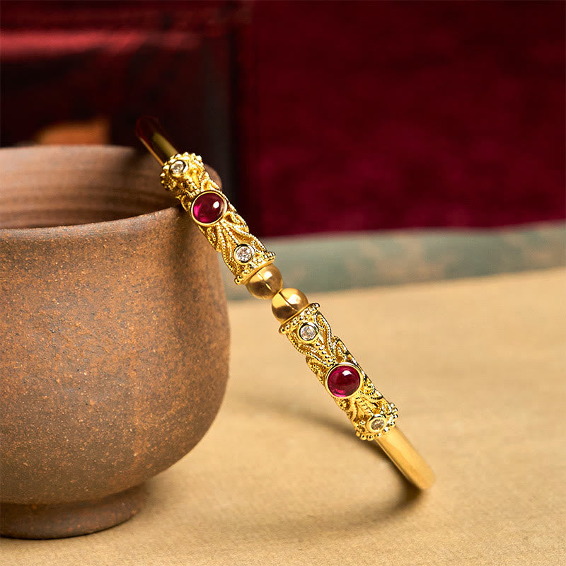 Buddha Stones Golden Flower Pattern Red Zircon Amber Copper Luck Cuff Bracelet Bangle - image 2