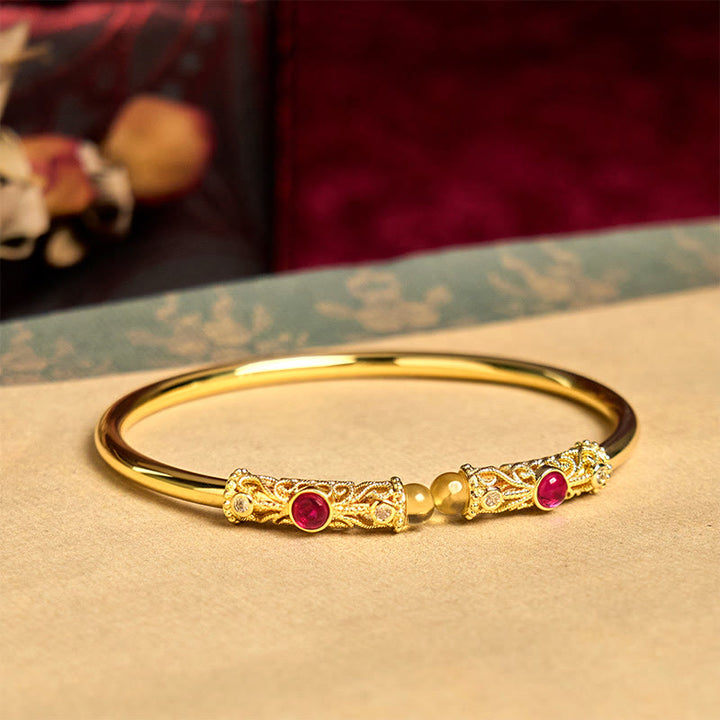 Buddha Stones Golden Flower Pattern Red Zircon Amber Copper Luck Cuff Bracelet Bangle - image 3