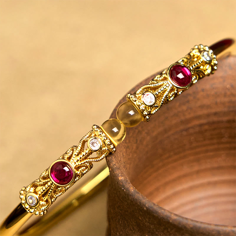 Buddha Stones Golden Flower Pattern Red Zircon Amber Copper Luck Cuff Bracelet Bangle - image 5