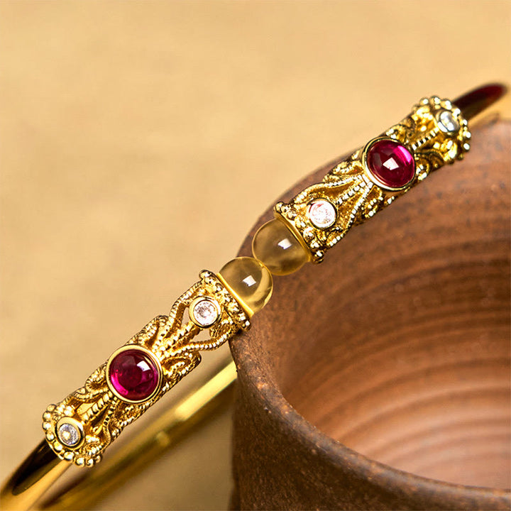 Buddha Stones Golden Flower Pattern Red Zircon Amber Copper Luck Cuff Bracelet Bangle - image 5