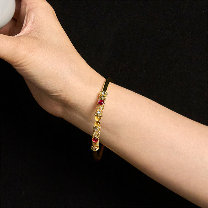 Buddha Stones Golden Flower Pattern Red Zircon Amber Copper Luck Cuff Bracelet Bangle - image 13
