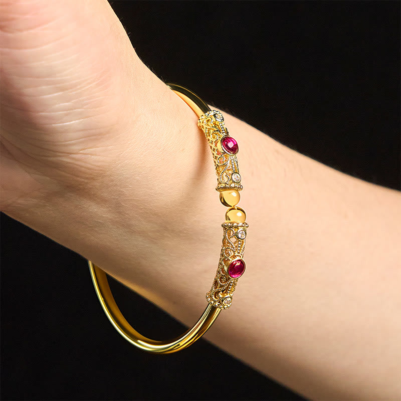 Buddha Stones Golden Flower Pattern Red Zircon Amber Copper Luck Cuff Bracelet Bangle - image 12