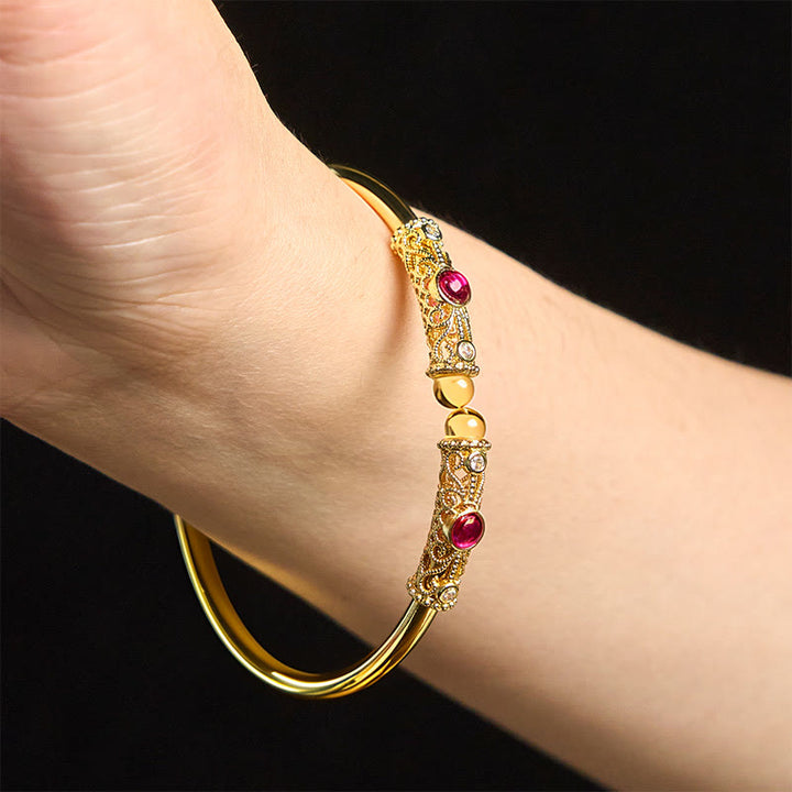 Buddha Stones Golden Flower Pattern Red Zircon Amber Copper Luck Cuff Bracelet Bangle - image 12