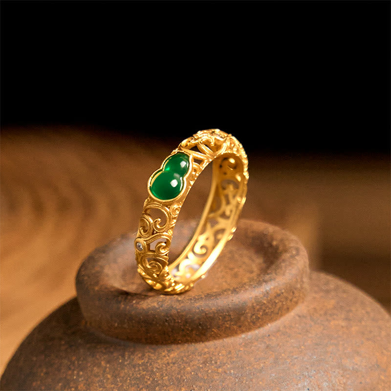 Buddha Stones Vintage Gourd Green Chalcedony Copper Alloy Wealth Ring - US8 - image 1