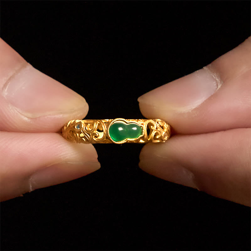 Buddha Stones Vintage Gourd Green Chalcedony Copper Alloy Wealth Ring - image 5
