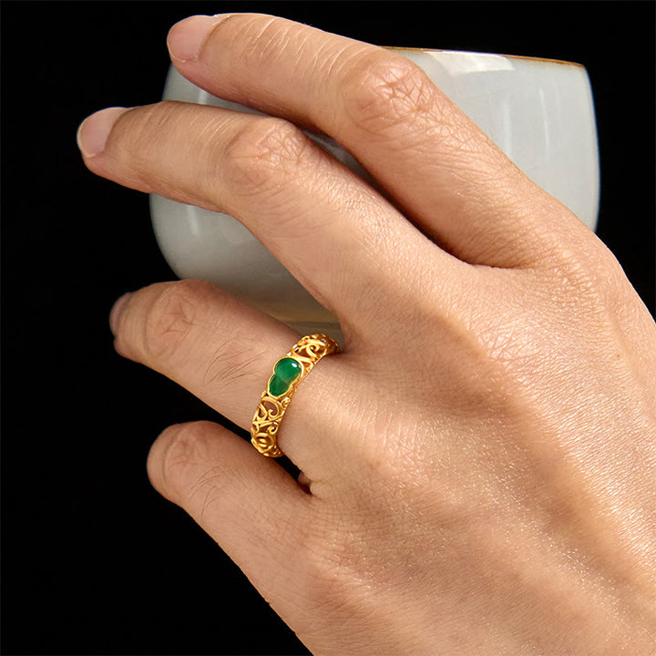 Buddha Stones Vintage Gourd Green Chalcedony Copper Alloy Wealth Ring - image 16
