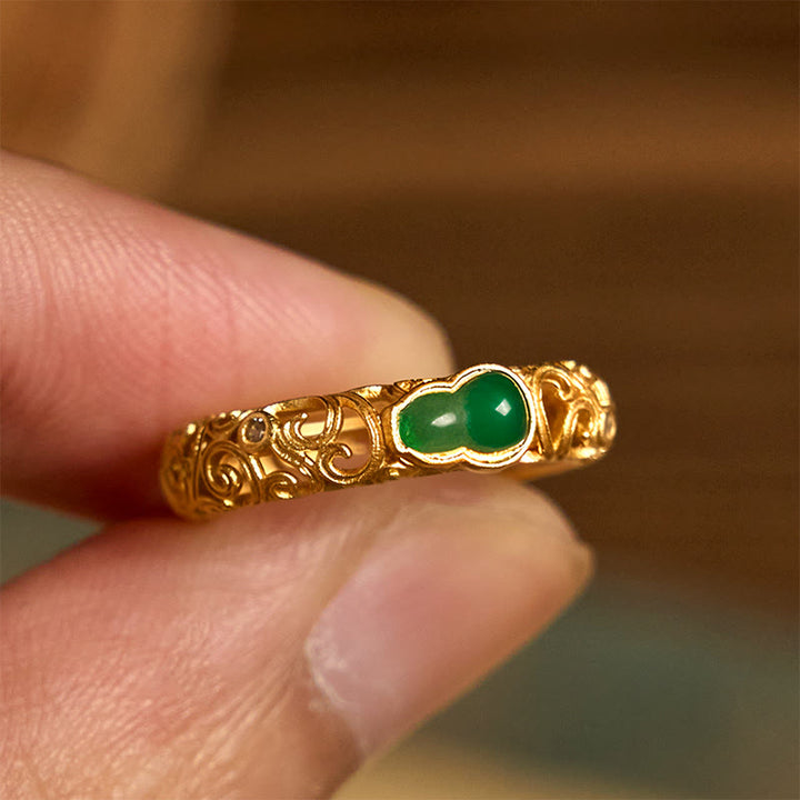 Buddha Stones Vintage Gourd Green Chalcedony Copper Alloy Wealth Ring - image 9