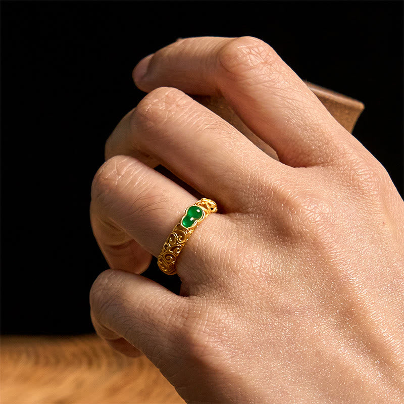 Buddha Stones Vintage Gourd Green Chalcedony Copper Alloy Wealth Ring - image 17