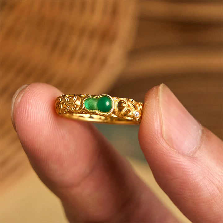 Buddha Stones Vintage Gourd Green Chalcedony Copper Alloy Wealth Ring - image 10