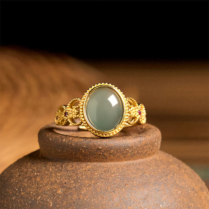 Buddha Stones Natural 925 Sterling Silver Plated Gold Hollow Design Jade Luck Ring - image 10