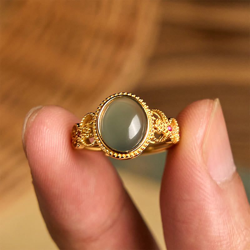 Buddha Stones Natural 925 Sterling Silver Plated Gold Hollow Design Jade Luck Ring - image 15