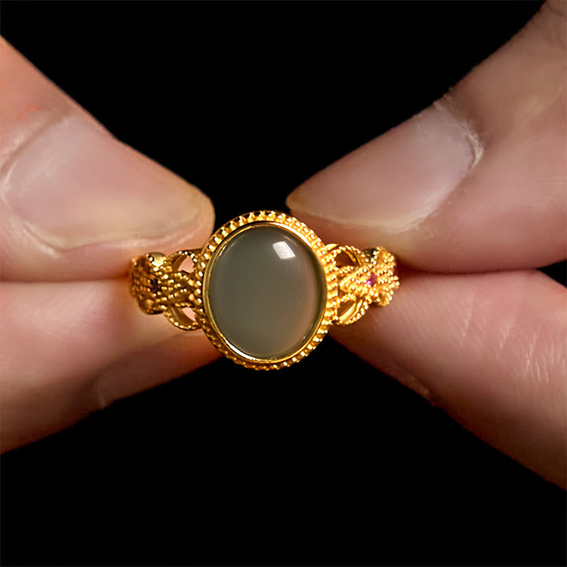 Buddha Stones Natural 925 Sterling Silver Plated Gold Hollow Design Jade Luck Ring - image 16