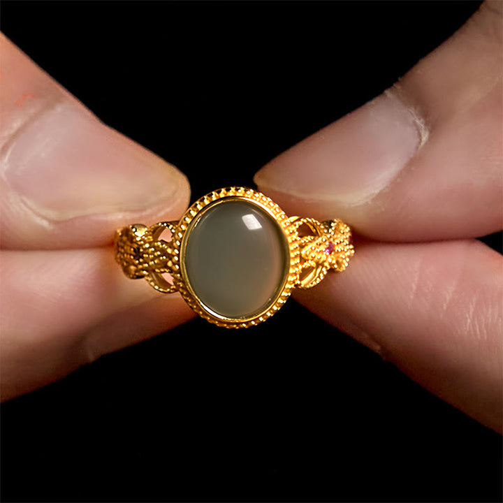 Buddha Stones Natural 925 Sterling Silver Plated Gold Hollow Design Jade Luck Ring - image 16