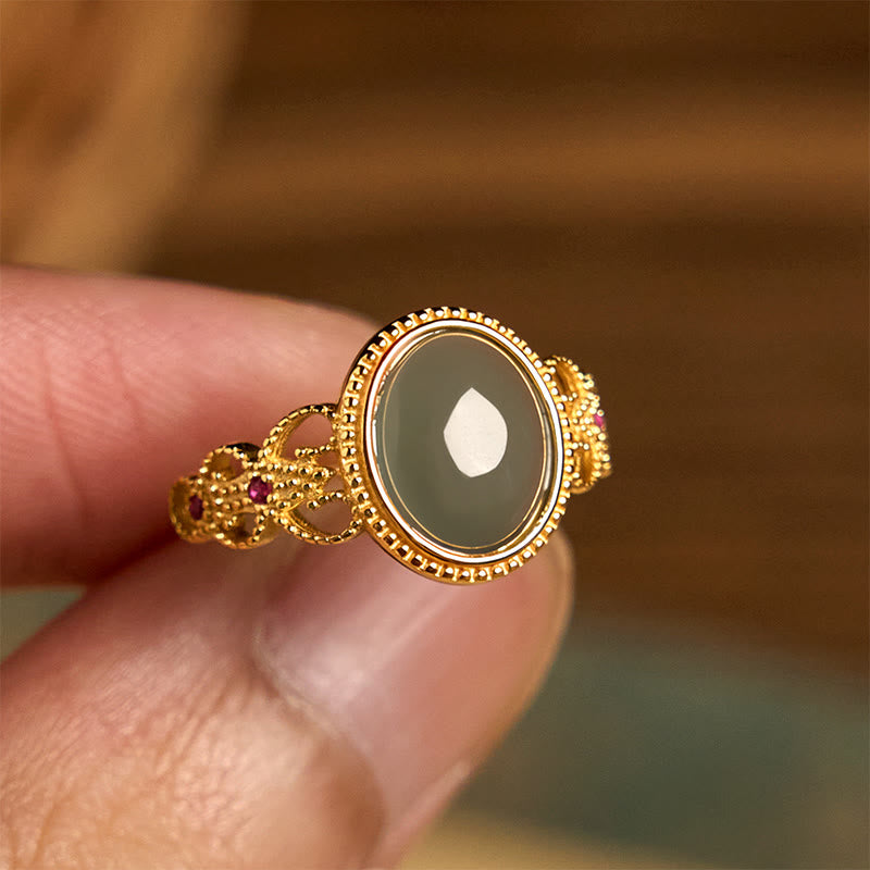 Buddha Stones Natural 925 Sterling Silver Plated Gold Hollow Design Jade Luck Ring - image 14