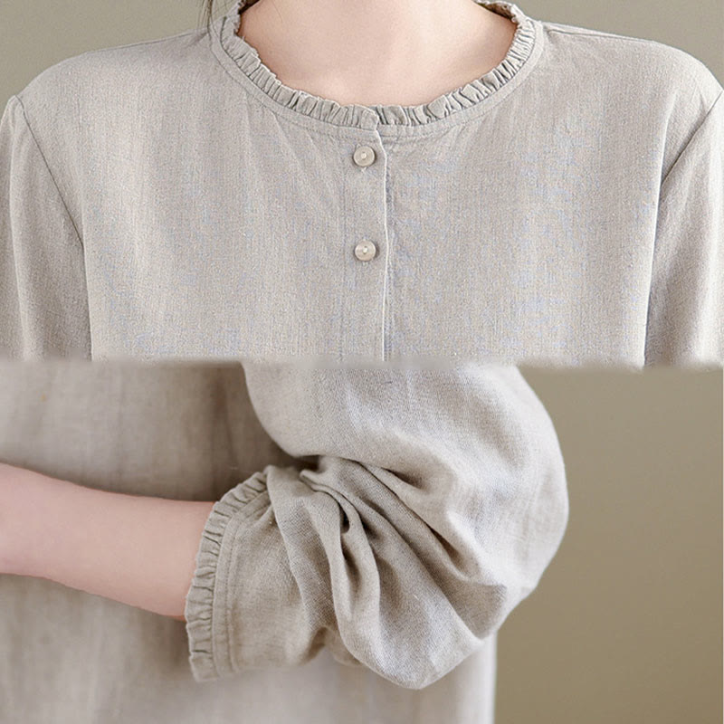Buddha Stones Spring Solid Color Buttons Design Ruffled Crew Neck Women's Cotton Linen Shirt - image 16