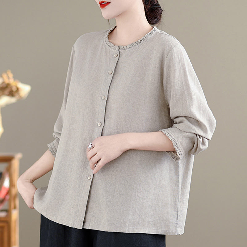 Buddha Stones Spring Solid Color Buttons Design Ruffled Crew Neck Women's Cotton Linen Shirt - image 10