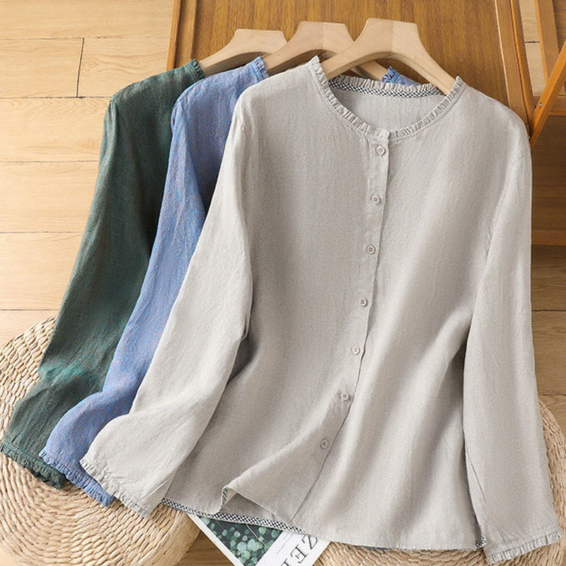 Buddha Stones Spring Solid Color Buttons Design Ruffled Crew Neck Women's Cotton Linen Shirt - image 20