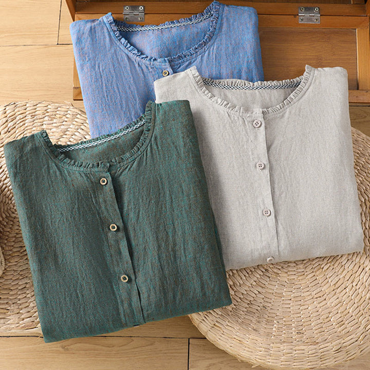 Buddha Stones Spring Solid Color Buttons Design Ruffled Crew Neck Women's Cotton Linen Shirt - image 21