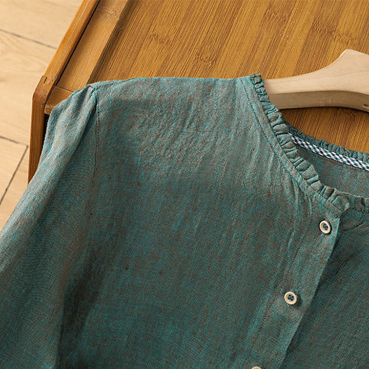 Buddha Stones Spring Solid Color Buttons Design Ruffled Crew Neck Women's Cotton Linen Shirt - image 3