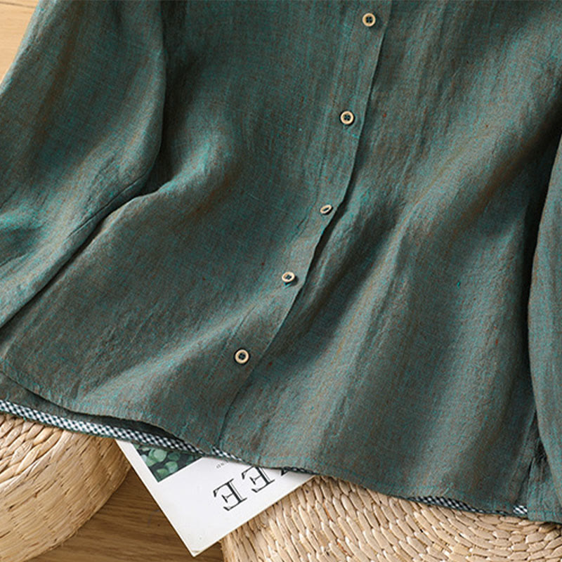 Buddha Stones Spring Solid Color Buttons Design Ruffled Crew Neck Women's Cotton Linen Shirt - image 5