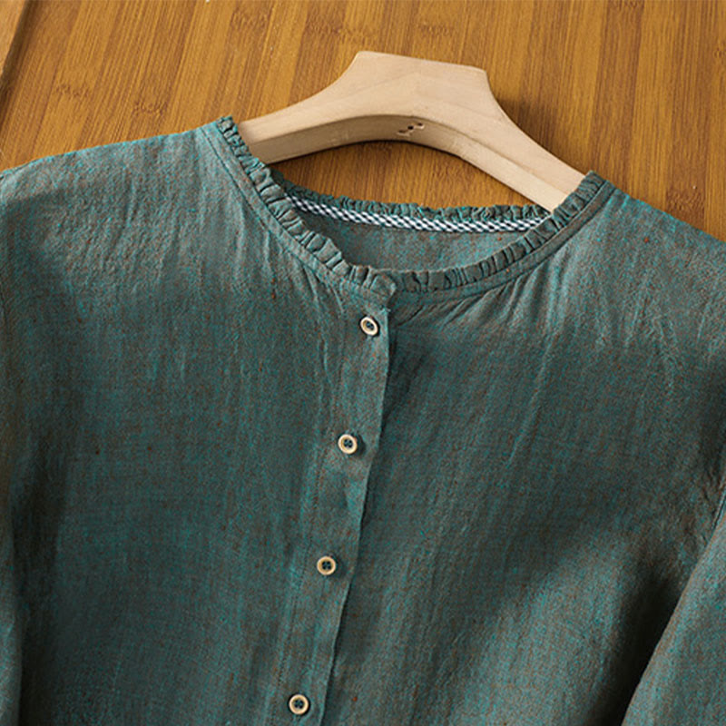 Buddha Stones Spring Solid Color Buttons Design Ruffled Crew Neck Women's Cotton Linen Shirt - image 2