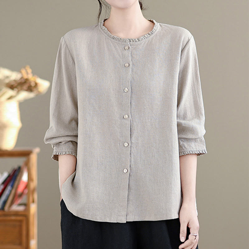 Buddha Stones Spring Solid Color Buttons Design Ruffled Crew Neck Women's Cotton Linen Shirt - image 12
