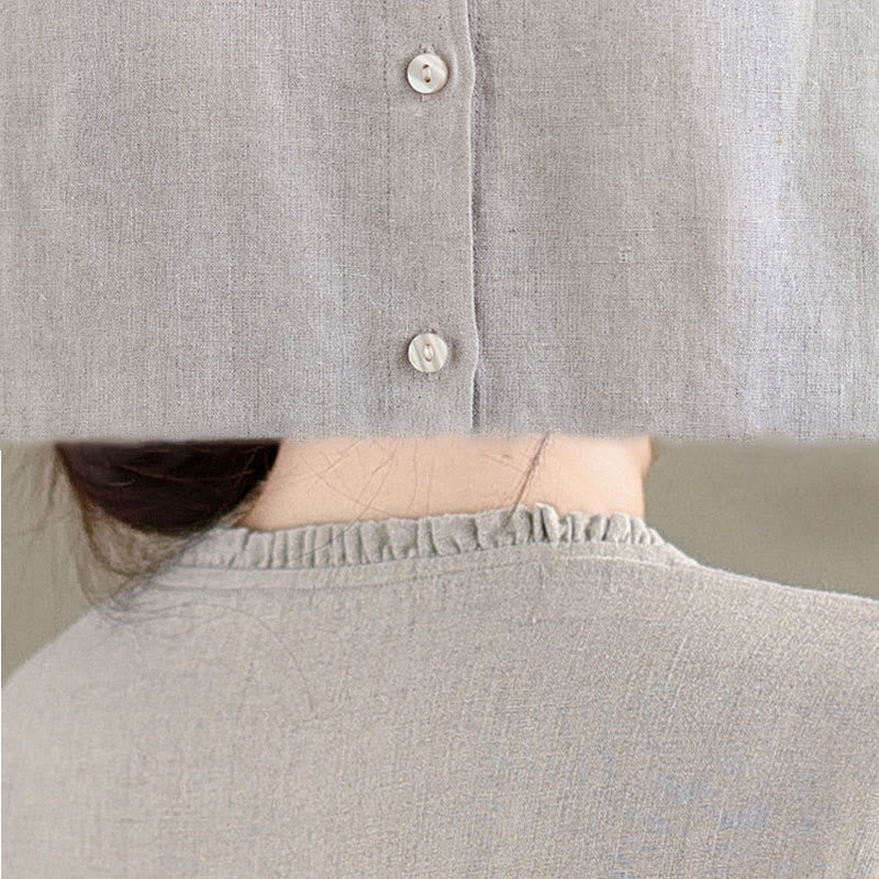 Buddha Stones Spring Solid Color Buttons Design Ruffled Crew Neck Women's Cotton Linen Shirt - image 15