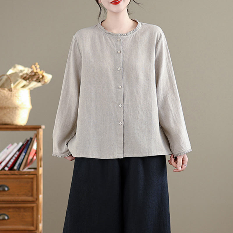 Buddha Stones Spring Solid Color Buttons Design Ruffled Crew Neck Women's Cotton Linen Shirt - image 7