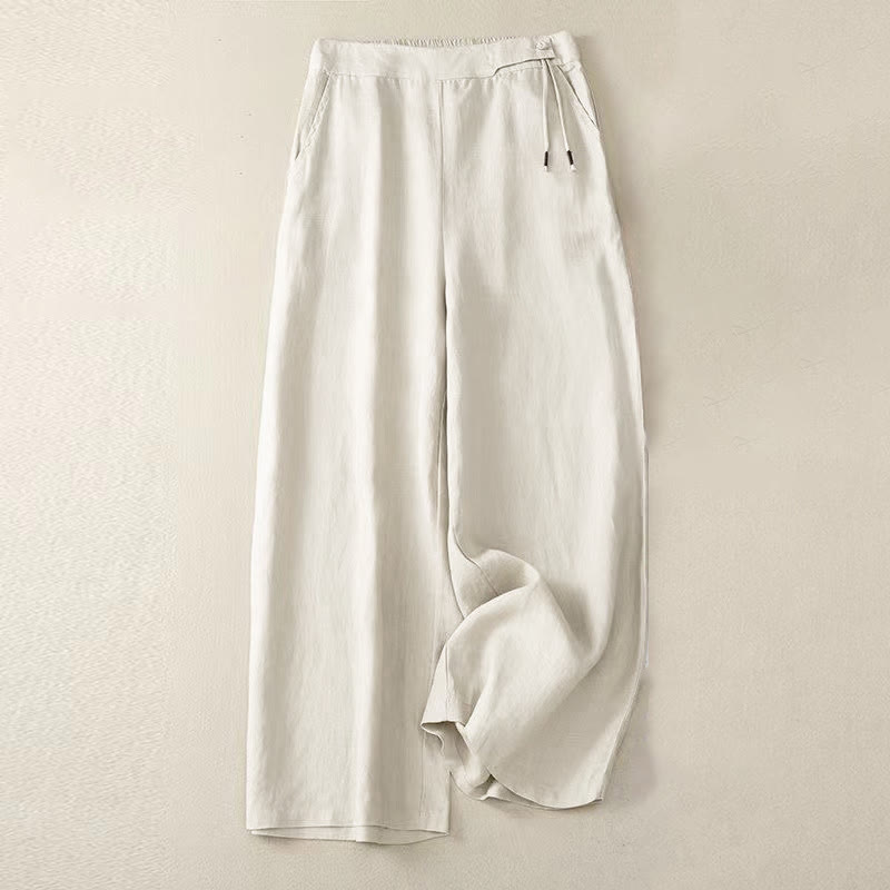 Buddha Stones Casual Solid Color One Button Cotton Women's Wide Leg Pants With Pockets - Beige - US12,UK/AU16,EU44 (3XL) - image 12