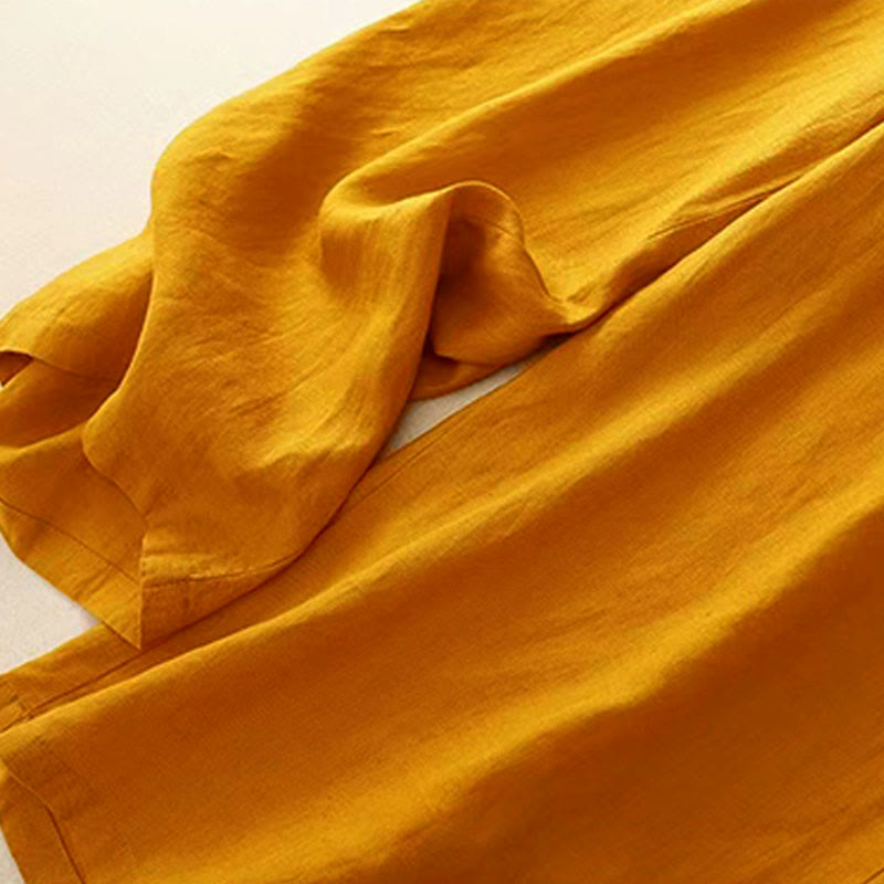 Buddha Stones Casual Solid Color One Button Cotton Women's Wide Leg Pants With Pockets - image 5