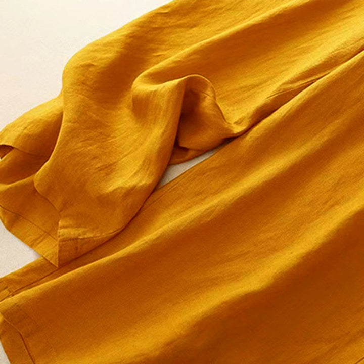 Buddha Stones Casual Solid Color One Button Cotton Women's Wide Leg Pants With Pockets - image 5