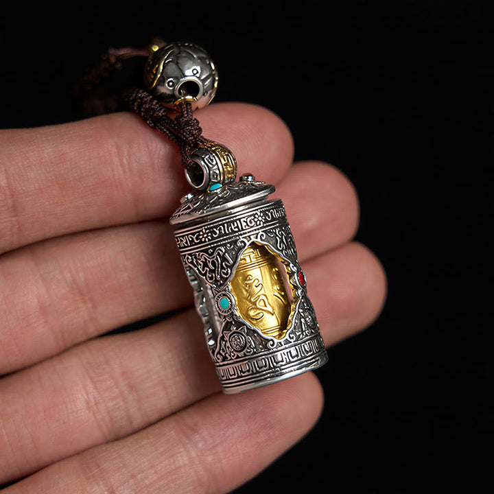 Buddha Stones Om Mani Padme Hum Ghau Prayer Box Copper Plated Silver Luck Key Chain - image 4