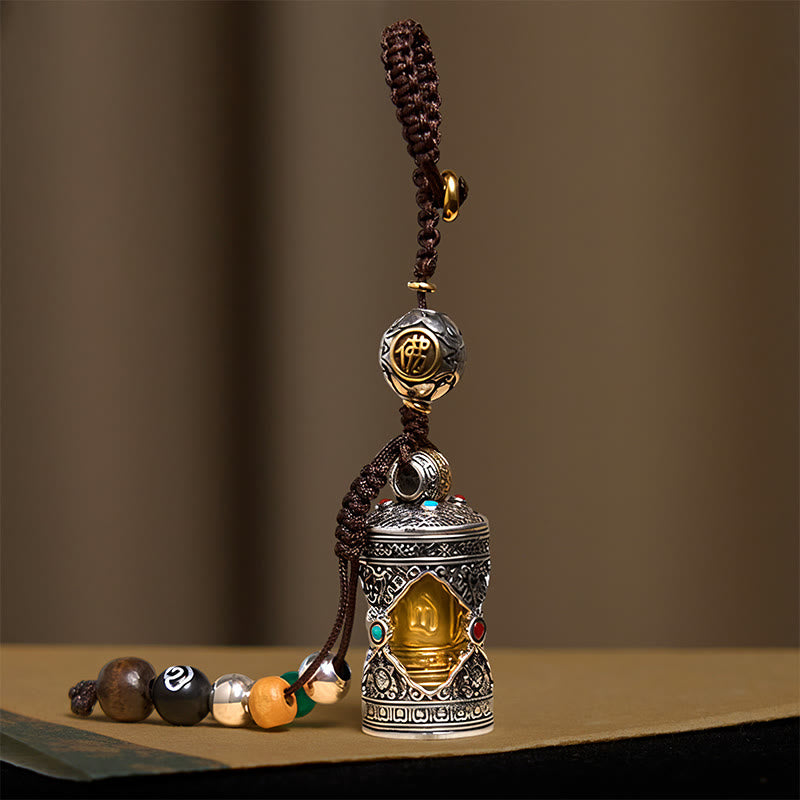 Buddha Stones Om Mani Padme Hum Ghau Prayer Box Copper Plated Silver Luck Key Chain - image 2