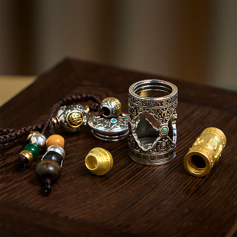 Buddha Stones Om Mani Padme Hum Ghau Prayer Box Copper Plated Silver Luck Key Chain - image 8