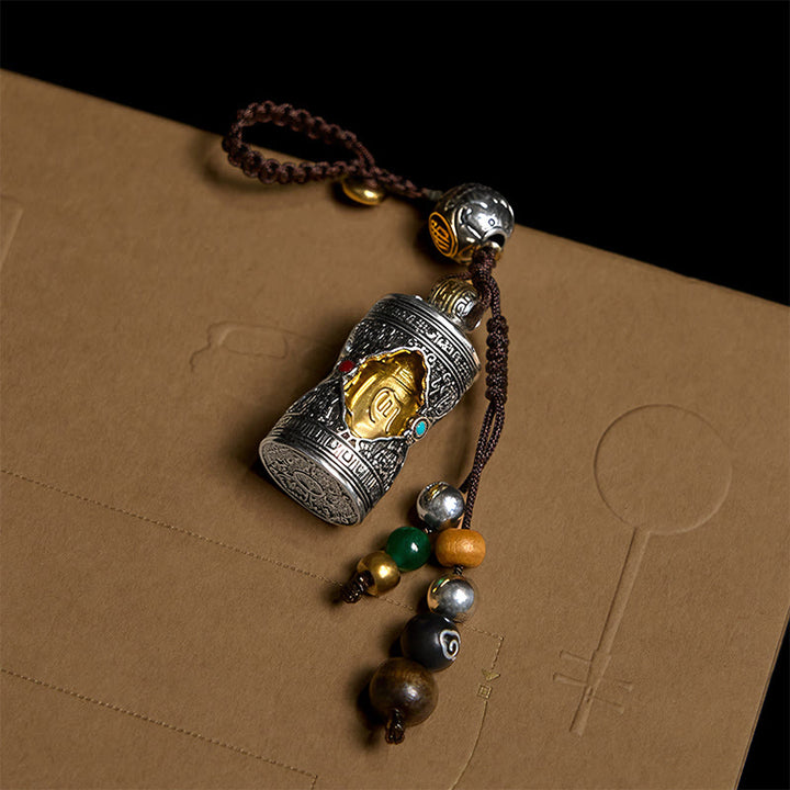 Buddha Stones Om Mani Padme Hum Ghau Prayer Box Copper Plated Silver Luck Key Chain - image 3