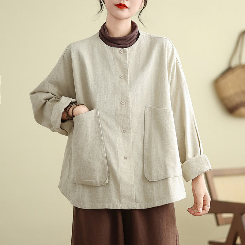 Buddha Stones Plain Design Long Sleeve Women's Cotton Linen Jacket With Pockets - image 3