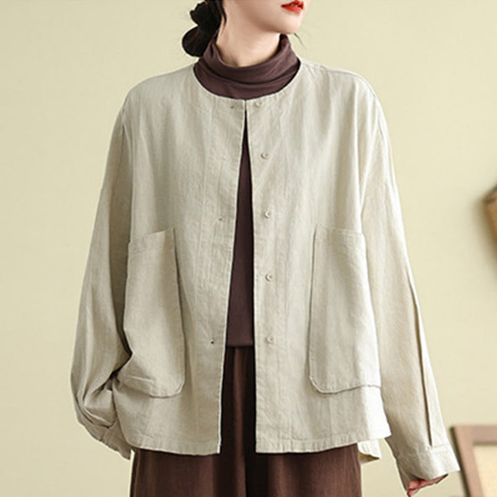 Buddha Stones Plain Design Long Sleeve Women's Cotton Linen Jacket With Pockets - image 4