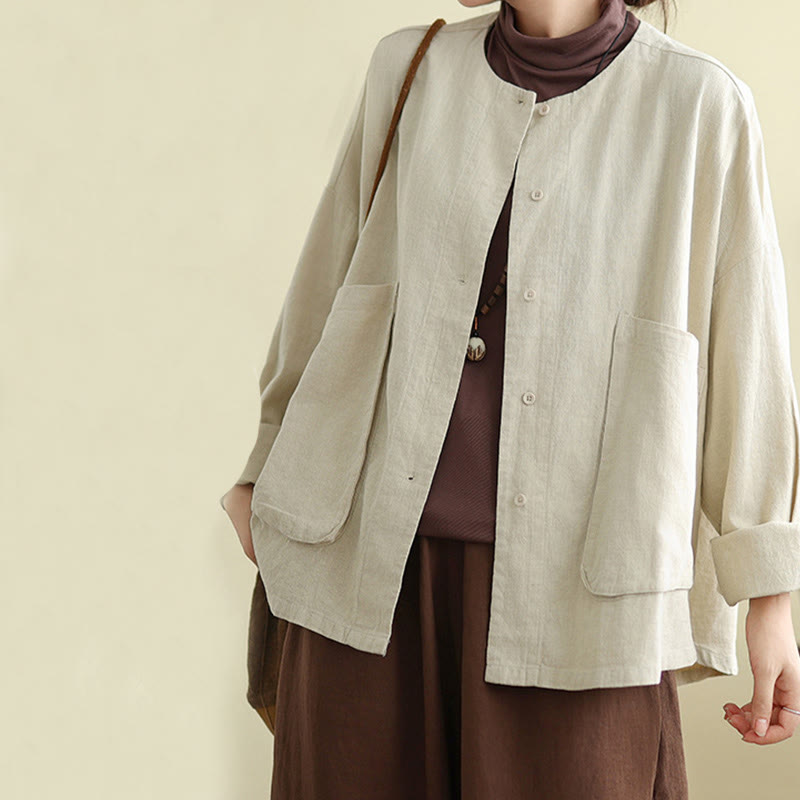 Buddha Stones Plain Design Long Sleeve Women's Cotton Linen Jacket With Pockets - image 5