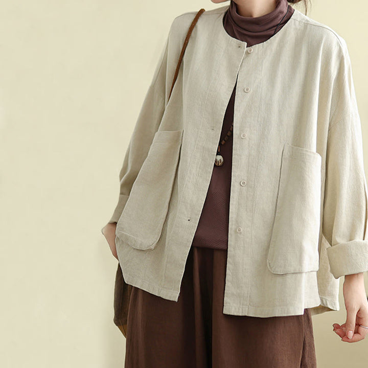 Buddha Stones Plain Design Long Sleeve Women's Cotton Linen Jacket With Pockets - image 5