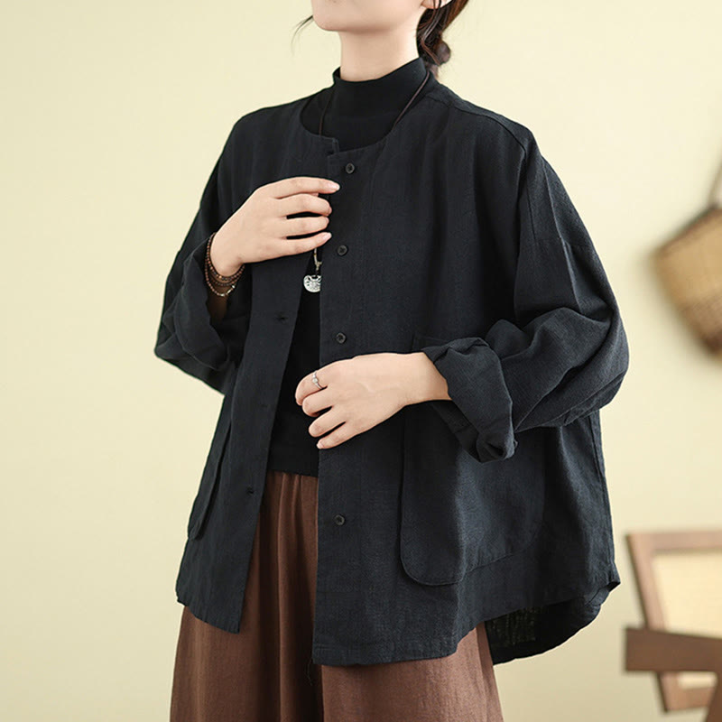 Buddha Stones Plain Design Long Sleeve Women's Cotton Linen Jacket With Pockets - image 12