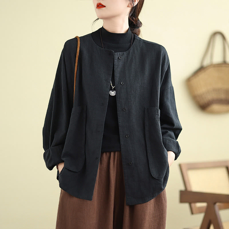 Buddha Stones Plain Design Long Sleeve Women's Cotton Linen Jacket With Pockets - image 16