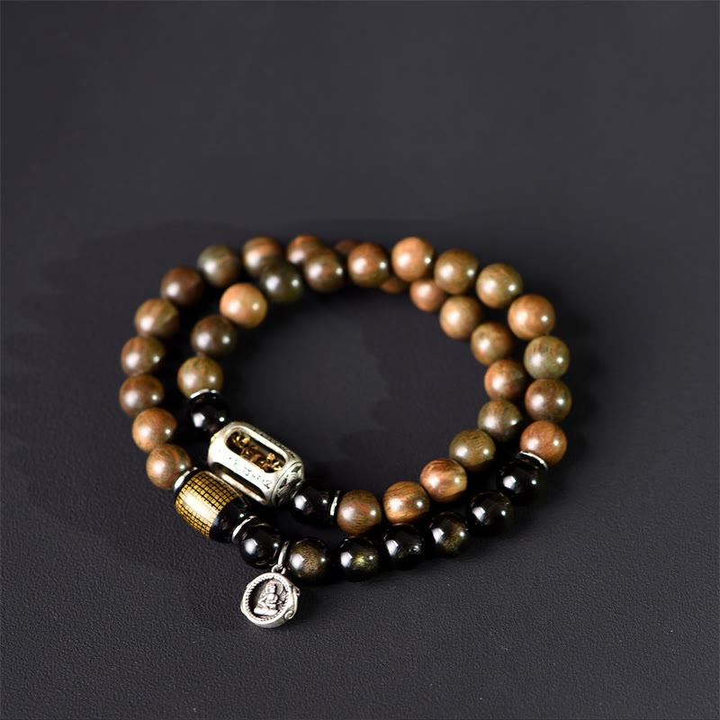 Buddha Stones Tibetan Green Sandalwood Gold Sheen Obsidian Balance Peace Double Wrap Bracelet - image 15