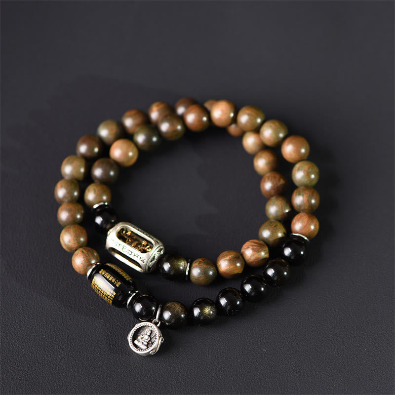 Buddha Stones Tibetan Green Sandalwood Gold Sheen Obsidian Balance Peace Double Wrap Bracelet - 18-19cm - image 1