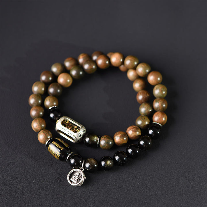 Buddha Stones Tibetan Green Sandalwood Gold Sheen Obsidian Balance Peace Double Wrap Bracelet - 18-19cm - image 1