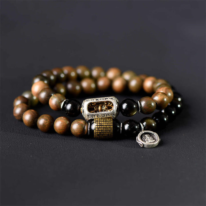 Buddha Stones Tibetan Green Sandalwood Gold Sheen Obsidian Balance Peace Double Wrap Bracelet - image 3